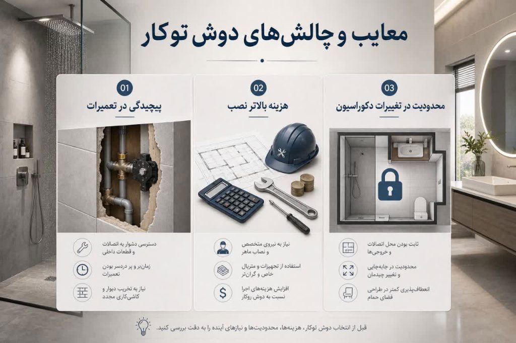 مزایا و معایب دوش توکار 3 معایب و چالشهای دوش توکار