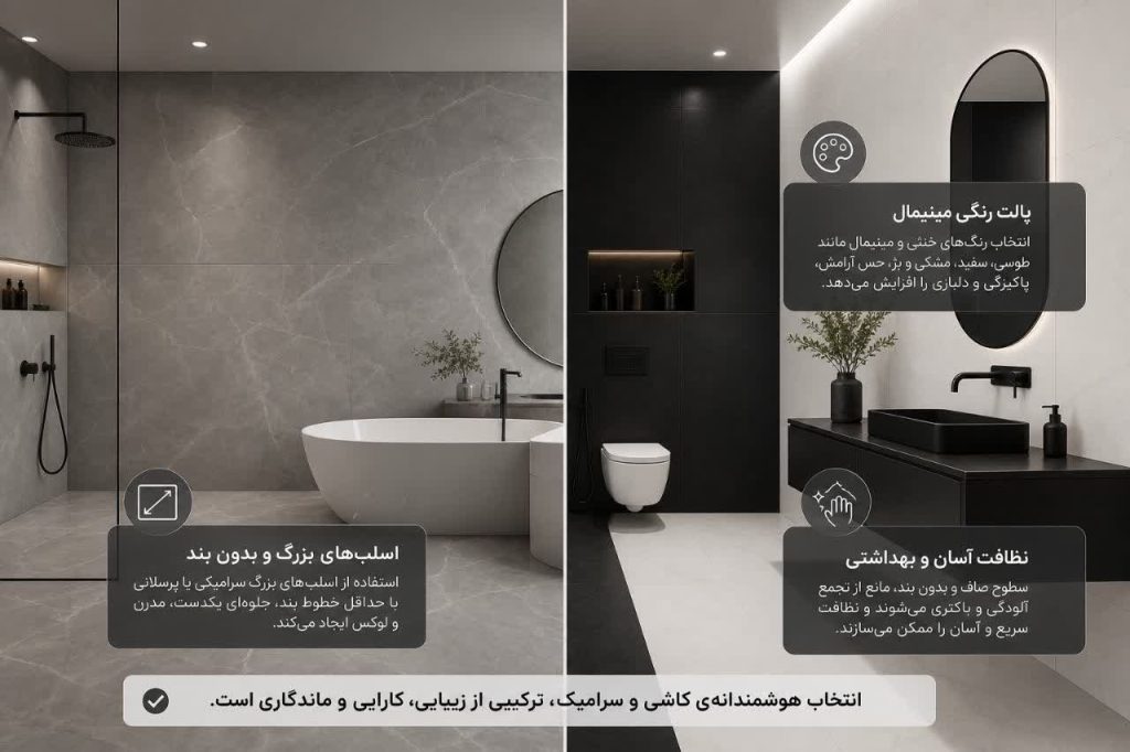 راهنمای طراحی حمام مدرن 3 انتخاب کاشی و سرامیک برای حمامهای مدرن
