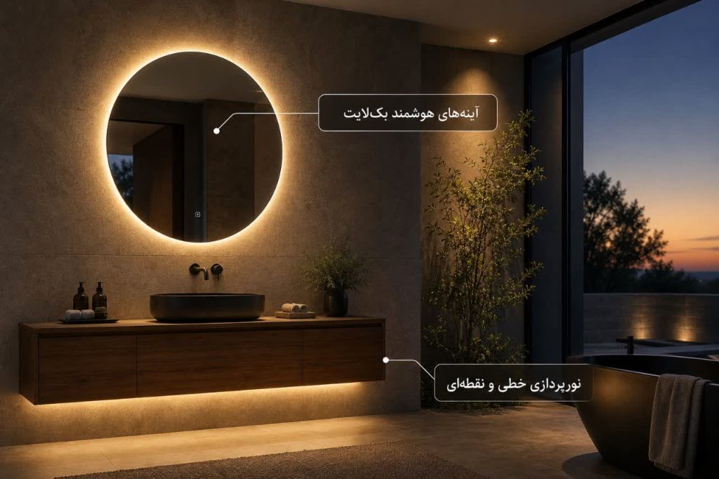 راهنمای طراحی حمام مدرن 5 آینه و نورپردازی؛ دو رکن حیاتی در حمام مدرن